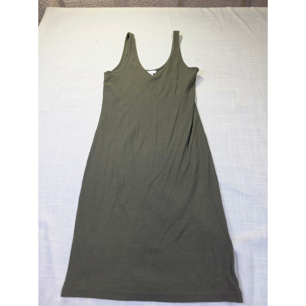 H&M Basic Ribbed Tank Dress Olive Green VNeck Sleeveless Midi Bodycon Minimalist